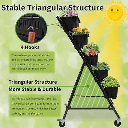 Homdox 2 Pack Vertical Garden Bed, 5 Tiers Raised Garden Planter, 25.6 * 26 * 48 Inch with Drainage System & 4 Hooks, Vegetable Flower Stand for Garden Patio Yard (Black with 4 Wheels)