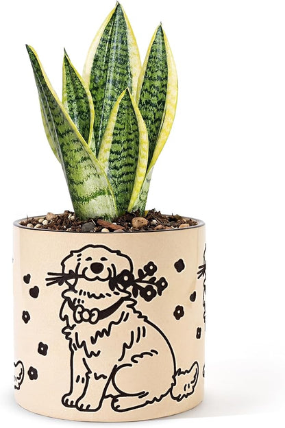 STHIE Indoor Plant Pot 5 Inch - Round Ceramic Planter with Drainage Hole, Hand-Painted Cute Flower Pot for Desktop Office Windowsill, Dog Lover Gift (Resting Dog)