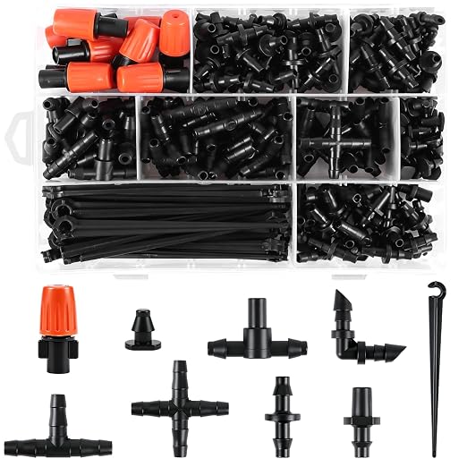 250 Pcs 1/4 Inch Drip Irrigation Fittings Kit, Complete Barbed Connectors Set for 1/4" Tubing - Includes Nozzles, Nozzle Tees, Single Barbs, Couplings, Tees, Elbows, Plugs, Crosses, Stakes