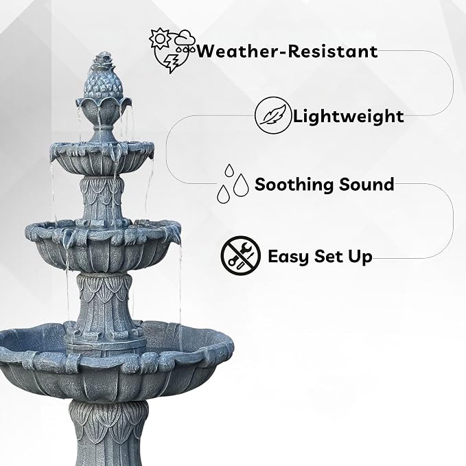 XBrand 58.3" 3-Tier Outdoor Freestanding Water Fountain - Classic Leaf Design, Light Gray Resin, Large Bird Bath with Pump - Ideal for Yard, Lawn and Garden, Porch Décor