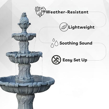 XBrand 58.3" 3-Tier Outdoor Freestanding Water Fountain - Classic Leaf Design, Light Gray Resin, Large Bird Bath with Pump - Ideal for Yard, Lawn and Garden, Porch Décor