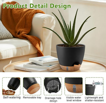 QRRICA Plant Pots 10/9/8/7.5/7 Inch Self Watering Pots, with Drainage Holes and Saucers,Water Level Indicator & Deep Reservoir,Large Plastic Planter for Indoor Out Door Plants (Black)