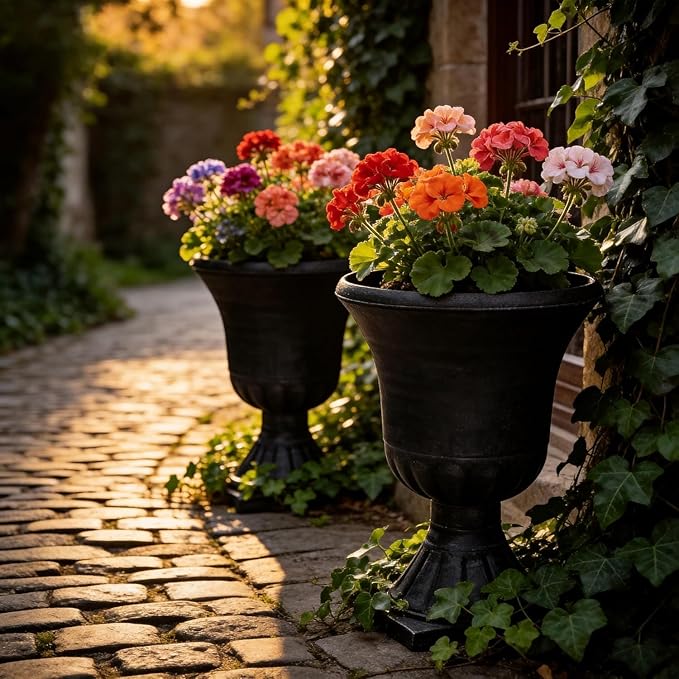 Autodaya 22" Tall Urn Planters for Outdoor Plants Set of 2 Large Flower Pot | 3D Textured Washed Black Pedestal Outdoor Planters, Weather-Resistant Plastic Plant Pot for Porch, Patio, Garden & Indoor Use