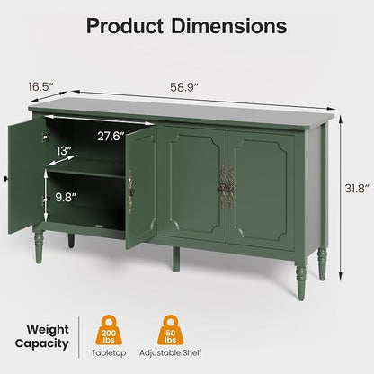 RoyalCraft Buffet Cabinet with Storage, 59" Vintage Sideboard with Adjustable Shelves, Mid Century Modern Painted Credenza Coffee Bar for Kitchen, Dining Room, Entryway, Living Room, Forest Green