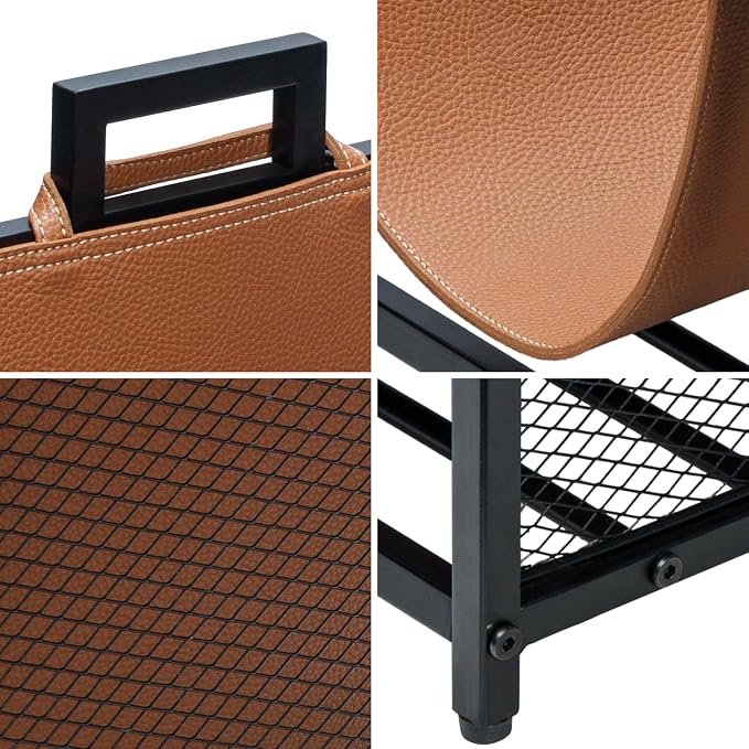 MyGift Modern Black Metal Firewood Stand Log Holder with Brown Leatherette Wood Sling, Wire Mesh Design and Top Carrying Handles, Compact Kindling Storage Rack