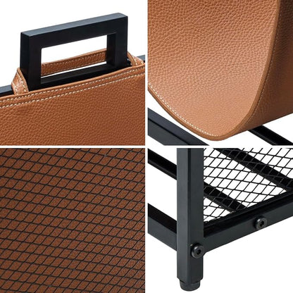 MyGift Modern Black Metal Firewood Stand Log Holder with Brown Leatherette Wood Sling, Wire Mesh Design and Top Carrying Handles, Compact Kindling Storage Rack