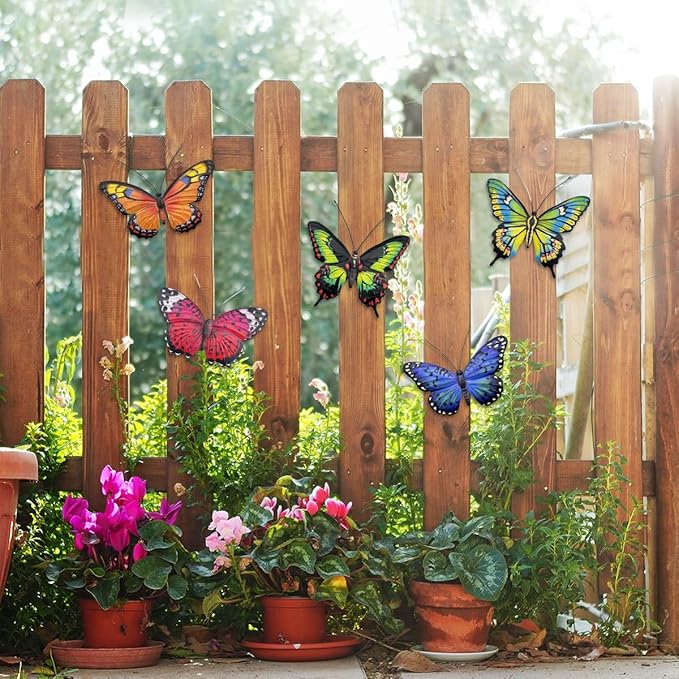 EOORAU Metal Butterfly Wall Decor - 5 Pcs 3D Lifelike Metal Butterflies Outdoor Wall Art Sculpture Hanging Decorations for Outside Fence Yard Patio Garden Exterior Decorations