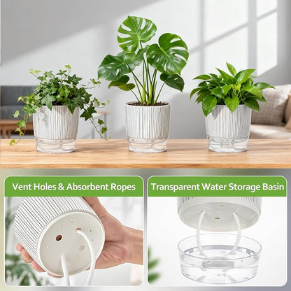 3 Pack Self Watering Pots Set, 4 Inch Self Watering Pots for Indoor Plants, Planter Pot with Wick Rope and Reservoir for African Violet, Spider Plant, Orchid