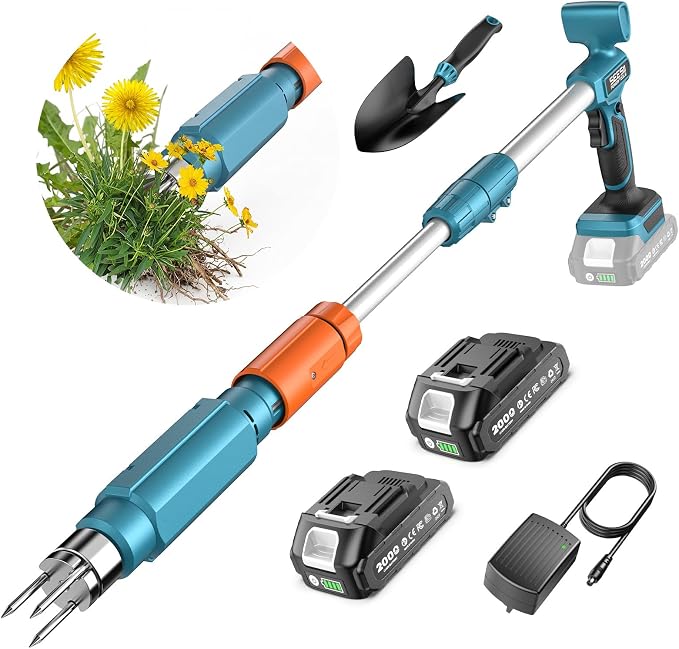 Seesii Electric Stand Up Weed Puller Tool with 2 x 2000mAh Batteries | 20V Battery Powered, Adjustable Handle, 3-Claw Steel Head, Dandelion Remover & Crabgrass Puller for Garden Lawn Yard