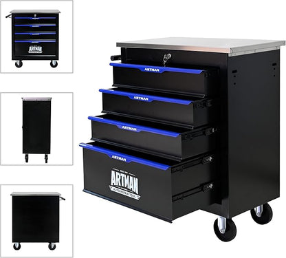4-Drawer Rolling Tool Chest, Lockable Stainless Top for Garage, Black&Blue | Heavy Duty Modular Roll Around Tool Cabinet with Drawers for Workshop and Tool Box Storage