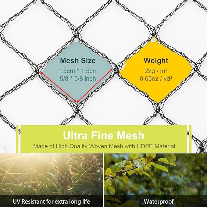 Bird Netting for Garden - 28 x 30 FT Heavy Duty Anti Bird Netting Mesh with Ties and Landscape Staples for Vegetable, Fruit Trees & Other Plants, Lasting Against Birds Deer Squirrels and Poultry