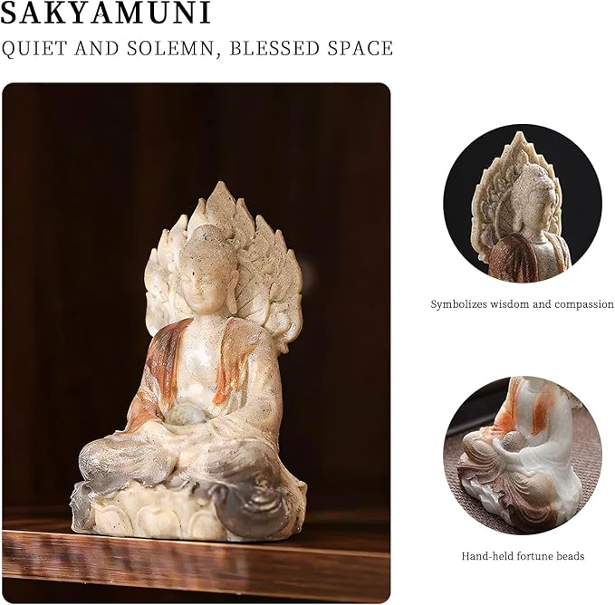 Shakyamuni Buddha Statue - Hand-Painted Resin Sculpture with Mandala Halo & Lotus Throne for Meditation, Zen Altar, Home Office Decor