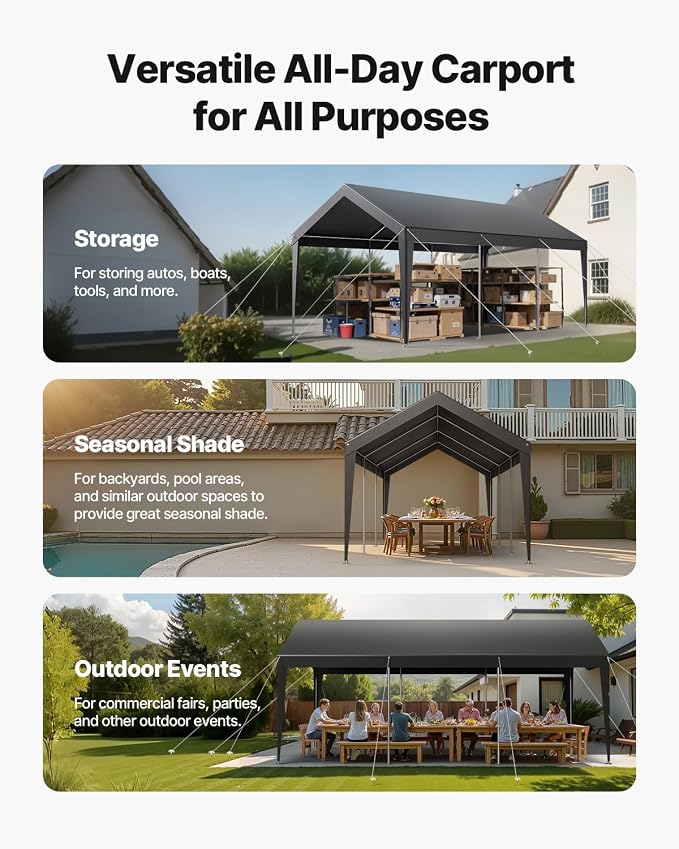 VEVOR Carport, 10 x 20 FT Outdoor Car Canopy, Potable Carport, Heavy Duty Galvanized Car Shelter, UV-Resistant & Water-Resistant, All-Season Protection, Storage Shed for Car Boat Motorcycle Grey