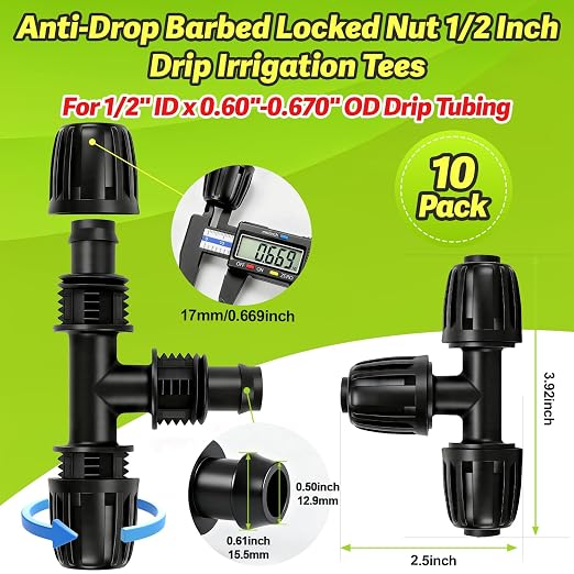 10 Pieces 1/2 Inch Drip Irrigation Tee Fittings, 1/2'' Drip Line Barbed Locked Tee Connectors for 1/2 Inch Irrigation Tubing (1/2" ID x 0.670" OD) Anti-leak 3-Way Irrigation System Parts