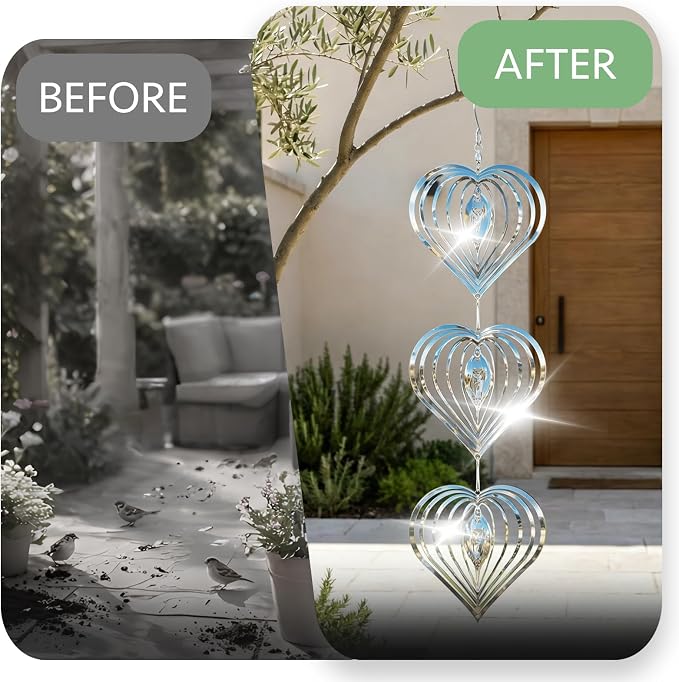 OFFO 304 Stainless Steel Bird Reflectors, Double-Sided Reflective 3D Heart Bird Scare Devices, Outdoor Garden Decor for Patio Yard Porch Pool Window, 9 PCS