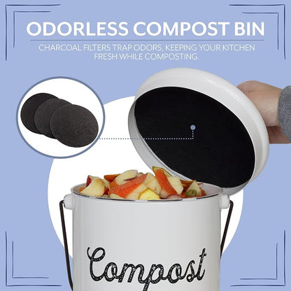AuldHome Design Kitchen Compost Bin for Countertop | 1.3 Gallon Composting Bucket with Lid | Includes 3 Charcoal Filters | (White Enamel)