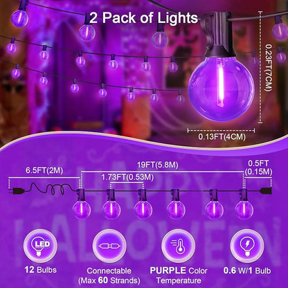 LAMPHOME G40 LED Outdoor Halloween String Lights, 2 Pack 26FT Patio Lights with 12+1 Edison Shatterproof Bulbs(1 Spare), Connectable Outside Lights for Backyard Porch Halloween Christmas Decor, Purple