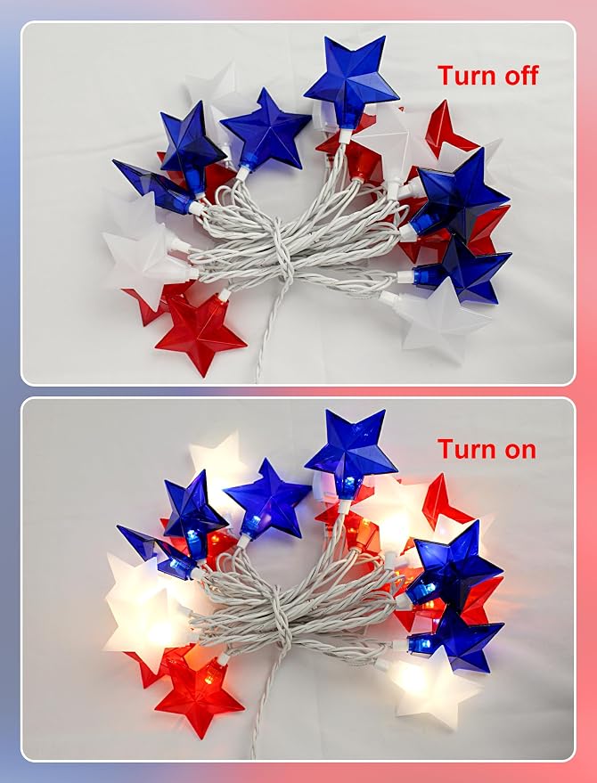 12Ft 4th of July String Lights, 20L LED Red White and Blue Star Lights Plug in for Patriotic Home Porch Mantel Classroom Backyard Tree Decor, Independence Day Decorations, Indoor and Outdoor Use