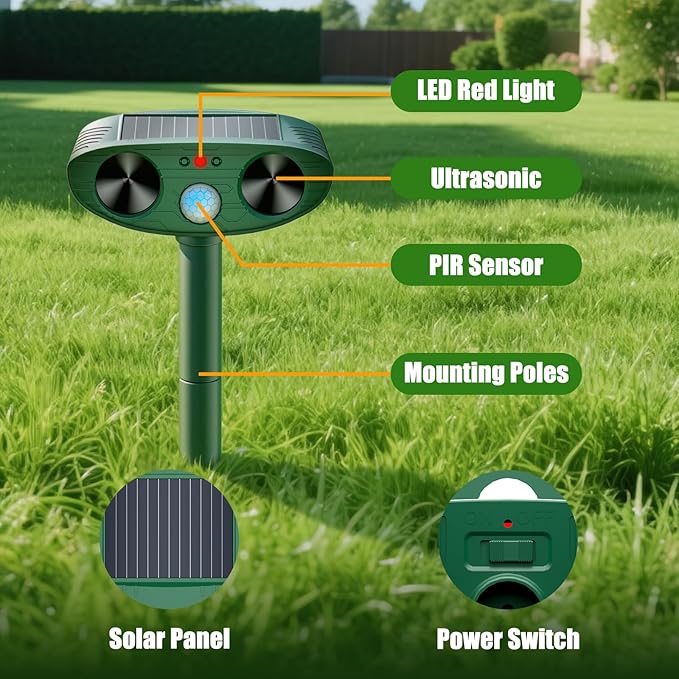 2026 Solar Ultrasonic Animal Repellent Outdoor Motion Activated Cat Deer RepellenSquirrel Raccoon Skunk Rabbit Dog Bird Deterrents Animal Repeller for Garden Yard (2 Pack)