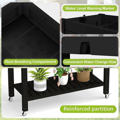 PatioZen Raised Garden Bed, 33.66" Tall Self-Watering Resin Planter Box with Legs & Lockable Wheels Drainage Plug and Gauge for Flowers, Vegetables, Storage Shelf for Tools and Accessories Black