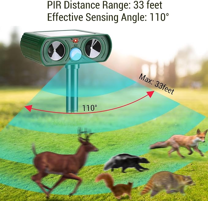 2 Pack Solar Ultrasonic Animal Repellent Deer Repellent Devices Cat Repellent Outdoor Motion Activated Rabbit Squirrel Repellent Waterproof for Yard, Farm, Garden