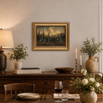 Devunaty Gold Framed Vintage Forest Full Moon Wall Art, Moonlit Pine Tree Wall Decor Paintings,Wildflowers and Mountains Rustic Woodland Nature Landscape Picture Canvas Print for Living Room 12"x16"