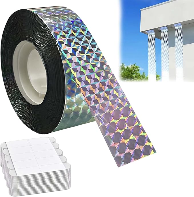 Bird Scare Reflective Tape 328feet Double-Sided Bird Scare Tape with 100PCS Adhesive Tapes Swallow Shield Reflective Ribbon Tape to Repelling Sparrows, Woodpeckers for Gardens, Farms, Orchards