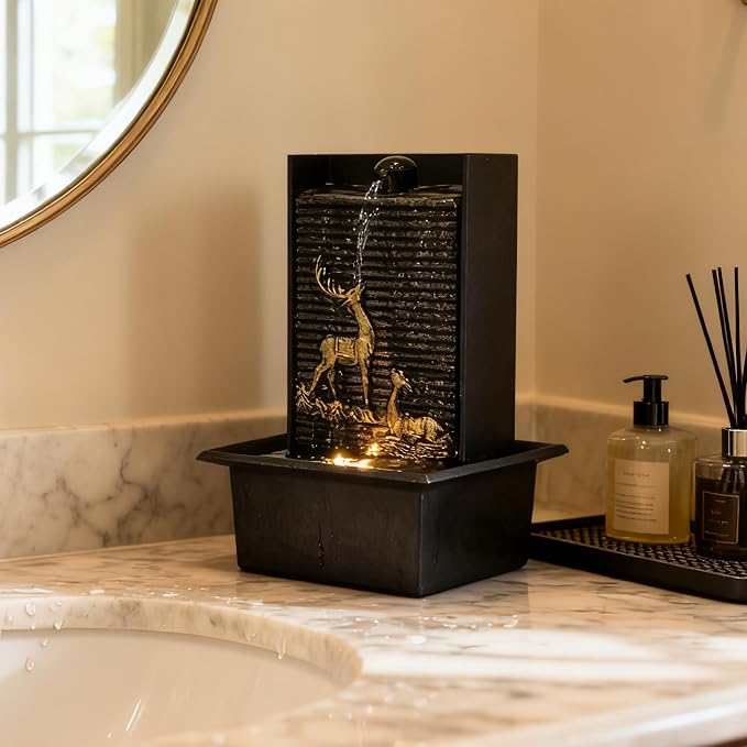 Water Wall Waterfall Fountain, Gold Deer Relief Wall Fountain for Home Office, Indoor Zen Vertical Waterfall with Warm Light for Zen Relaxation & Decor
