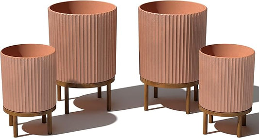 Veradek Demi Series Round Planter w/Stand for Porch/Patio | Durable Plastic-Stone Composite & Wooden Stand | Modern Décor for Tall Plants, Flowers