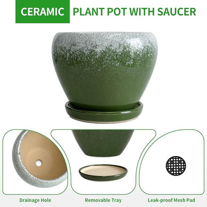 Deep Dream 8 Inch Plant Pots- Ceramic Pots for Plants with Drainage Hole and Saucer, Large Planter Pot for Indoor Plants Outdoor Decor, Blackish Green