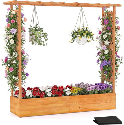 S AFSTAR 77-Inch Raised Garden Bed with Arch Trellis, Hanging Roof & Drainage Holes, Vertical Plant Container for Vine Climbing Plant Flower, Indoor Outdoor Wood Elevated Planter Box for Garden