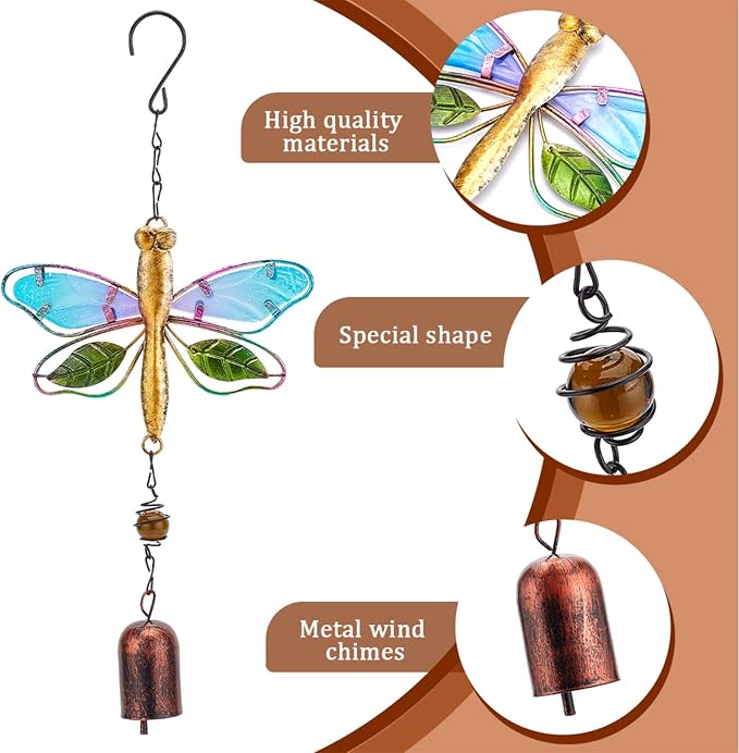 GORGECRAFT Dragonfly Wind Chime Metal Glass Music Wind Bell 14.2" Romantic Colorful Dragonfly Shaped Hanging Ornaments with Chime Gifts for Women Garden Patio Yard Party Indoor Outdoor Decorations
