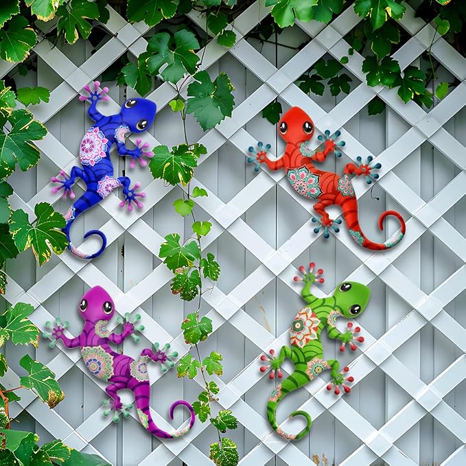 Metal Gecko Outdoor Decorations - 4 Pcs 9.5'' Metal Lizards Wall Art Hanging Sculpture Decoration for Garden Yard Fence Porch Exterior Wall Decor