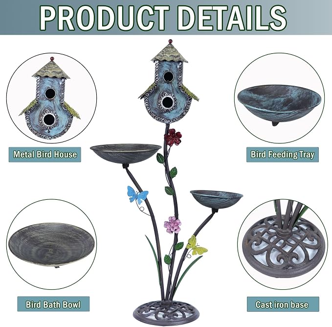 HLQMFHT 38" H Birdbaths for Outdoors,Metal Bird Feeder and Bird Houses for Outside,3-in-1,Garden Yard Decor