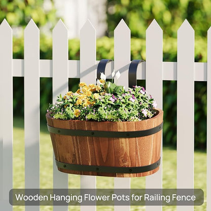 2PACK Cute Railing Planter Boxes Wood Hanging Flower Pots for Railing Fence Outdoor Balcony Planters for Wall Window Flower Box Hanging Bucket Pots Countryside plant Holder (Brown,2pcs,Small)