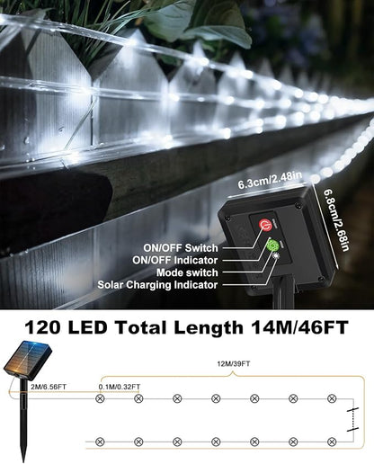 btfarm Solar Rope Lights, 120LED 46FT Solar String Lights Outdoor Waterproof, 8 Lighting Modes Solar Powered Strip Trampoline Light for Outside Garden Tree Christmas Yard Patio Decor, Cool White