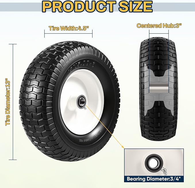 13x5.00-6 Flat Free Tire and Wheel Assemblies, 13x5-6 Solid Rubbe Tires and Wheel for Riding Lawn Mower - With 3/4" Bushings & 5/8" Bearings, 3" Centered Hub, 2 Pack