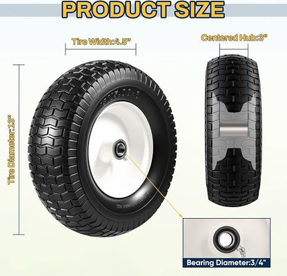 13x5.00-6 Flat Free Tire and Wheel Assemblies, 13x5-6 Solid Rubbe Tires and Wheel for Riding Lawn Mower - With 3/4" Bushings & 5/8" Bearings, 3" Centered Hub, 2 Pack