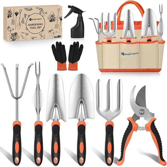 Yesker Gardening Tools 9-Piece Heavy Duty Garden Tool Set Gardening Supplies Gifts for Women Men Gardening Hand Tool Kit with Non-Slip Ergonomic Handle, Garden Bag, Durable Gloves and Shears, Orange