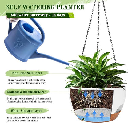 10 Inch Self Watering Hanging Planters with Metal Chain & Macrame Hangers | Reservoir, Drainage Holes, Hanging Planter Basket for Indoor & Outdoor Plants, White