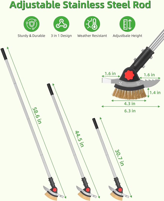 3-in-1 Crack Weeder Long Handle, Adjustable Crevice Weeding Tool with Stainless Steel Weed Brush and 2 Scrapers Weed Puller Tool for Driveway, Sidewalk, Lawn to Remove Weeds Moss Dirt (58.6")