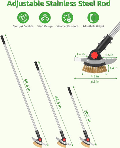 3-in-1 Crack Weeder Long Handle, Adjustable Crevice Weeding Tool with Stainless Steel Weed Brush and 2 Scrapers Weed Puller Tool for Driveway, Sidewalk, Lawn to Remove Weeds Moss Dirt (58.6")
