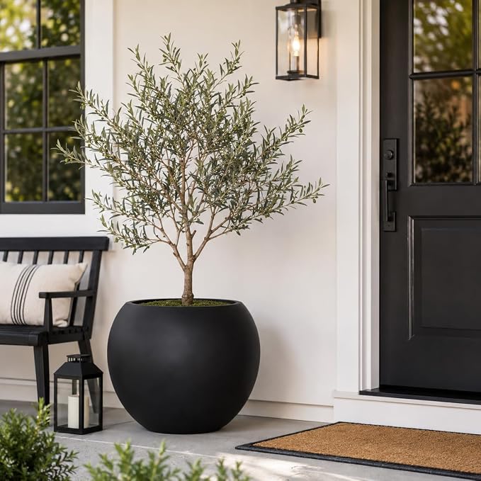 17" H x 21" Dia Black Fiberstone Planter Pot with Drainage Hole, Extra Large Indoor Outdoor Flower Pot for Artificial Olive Trees, Large Plants & Shrubs, Decorative Planter for Patio, Porch & Garden