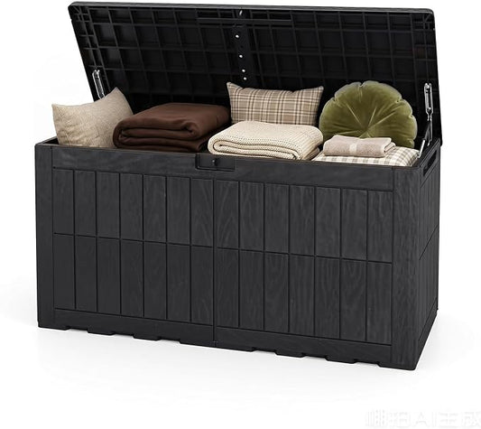 Tangkula 100 Gallon Outdoor Storage Box, Waterproof PP Resin Patio Storage Box with Lockable Lid for Indoor & Outdoor Use, 2-in-1 Rattan Design Deck Box for Cushions, Garden Tools