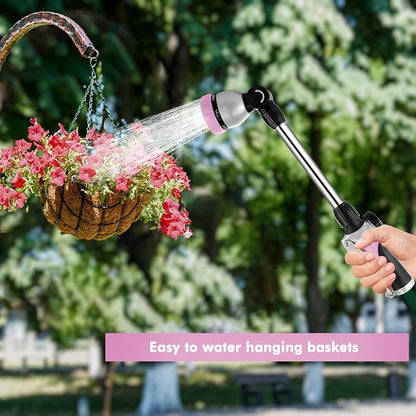 RESTMO Heavy Duty Metal Hose Wand, Watering Wand for Garden Hose | 180° Swivel Ratcheting Head, 16'' Hose Sprayer, 7 Spray Patterns, Flow Control, Ideal for Hanging Baskets & Shrubs, Pink