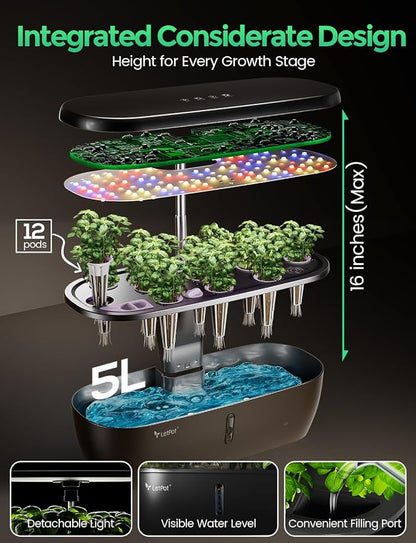 LETPOT Hydroponics Growing System, 12 Pods Indoor Herb Garden Kit with 24W LED Grow Light, 5.5L Water Tank & 16" Adjustable Height, Smart Indoor Gardening System for Kitchen, Home & Gift