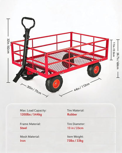 Garvee Steel Garden Cart, 1200 LBS Capacity Utility Outdoor Wagon, Heavy Duty Mesh Garden Wagon with Removable Sides, 2-in-1 Handle, 13" Tires for Yard, Lawn, Garden