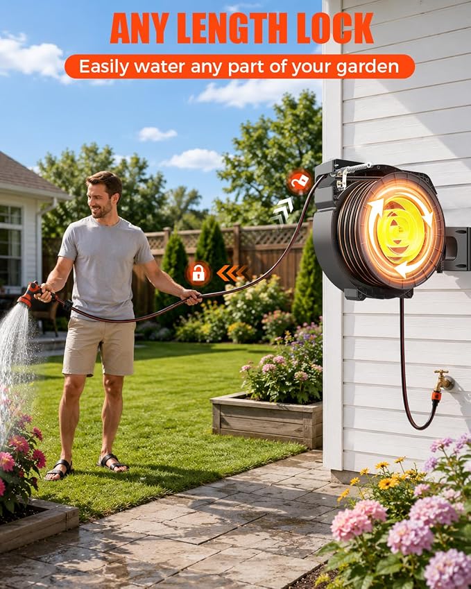 150FT Retractable Garden Hose Reel 1/2 Inch, Wall Mounted Heavy Duty Water Hose with Auto-Lock, Slow Return, 180° Swivel Bracket & 9-Pattern Spray Nozzle – UV Resistant Outdoor Hose Storage System
