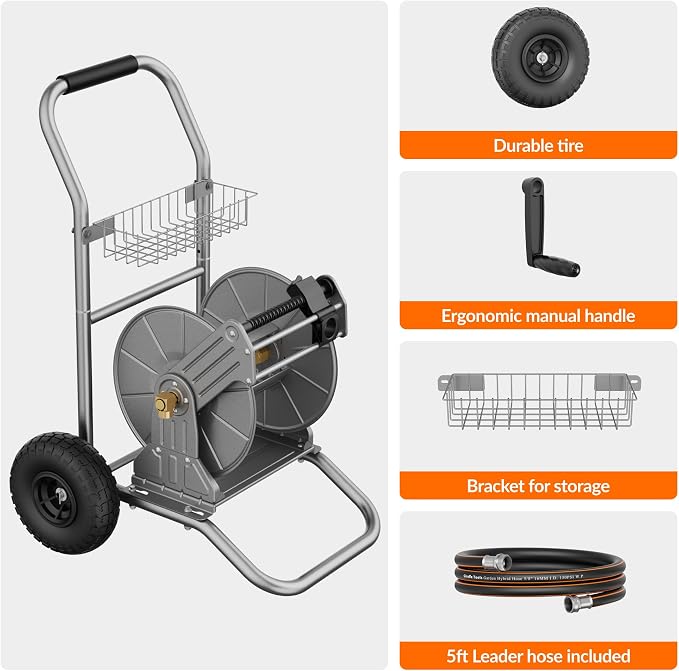 Giraffe Tools Garden Hose Reel Cart with Wheels, Heavy Duty Metal Water Hose Reel Cart, 200 ft of 1/2 Capacity, Mobile Hose Reel Cart for Outside