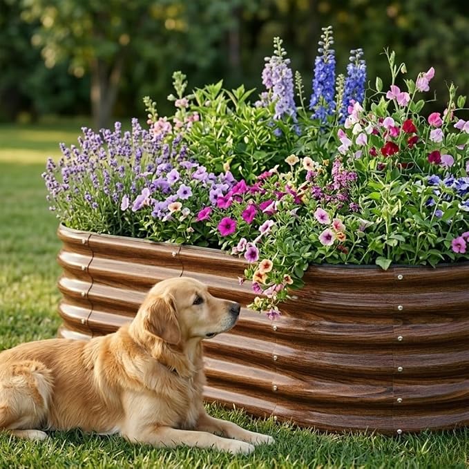 SnugNiture 3 Pcs 4x2x1.5ft Raised Garden Bed Outdoor, 17" Tall Galvanized Metal Planter Box, Oval Raised Garden Bed Kit for Planting Vegetables Plants Fruits, Brown